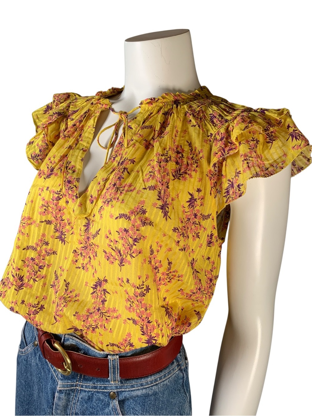 Ulla Johnson Floral Ruffle Blouse Size 2 Yellow V-Neck Tie Front